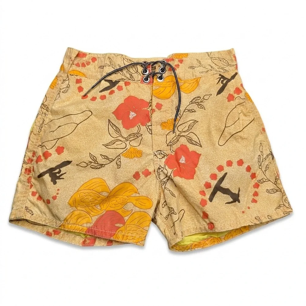 Birdwell Beach Britches Board Shorts Mens 26 Yellow Floral Fish Surfer Vintage